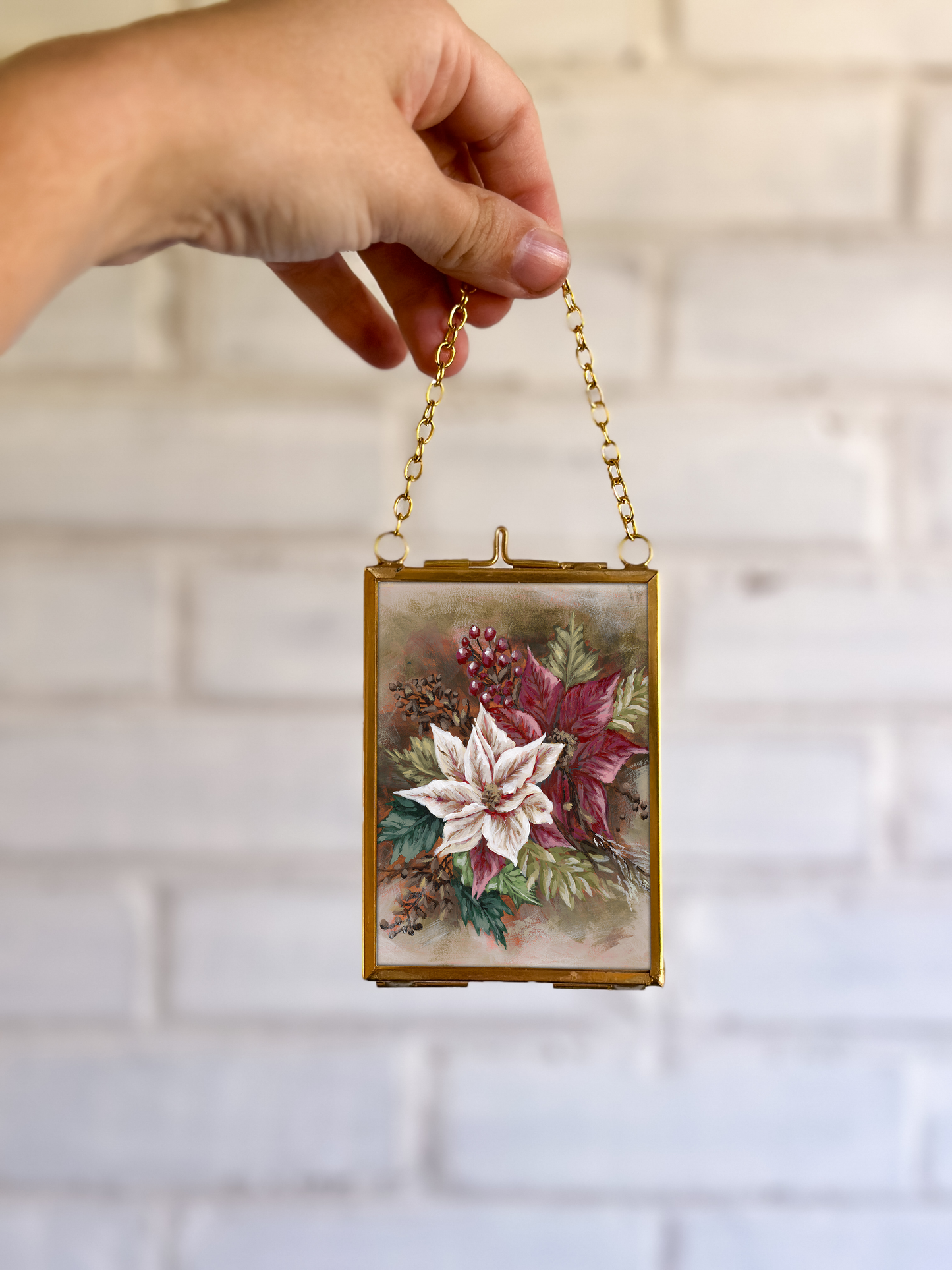 "Poinsettia 2" Gold Frame Ornament