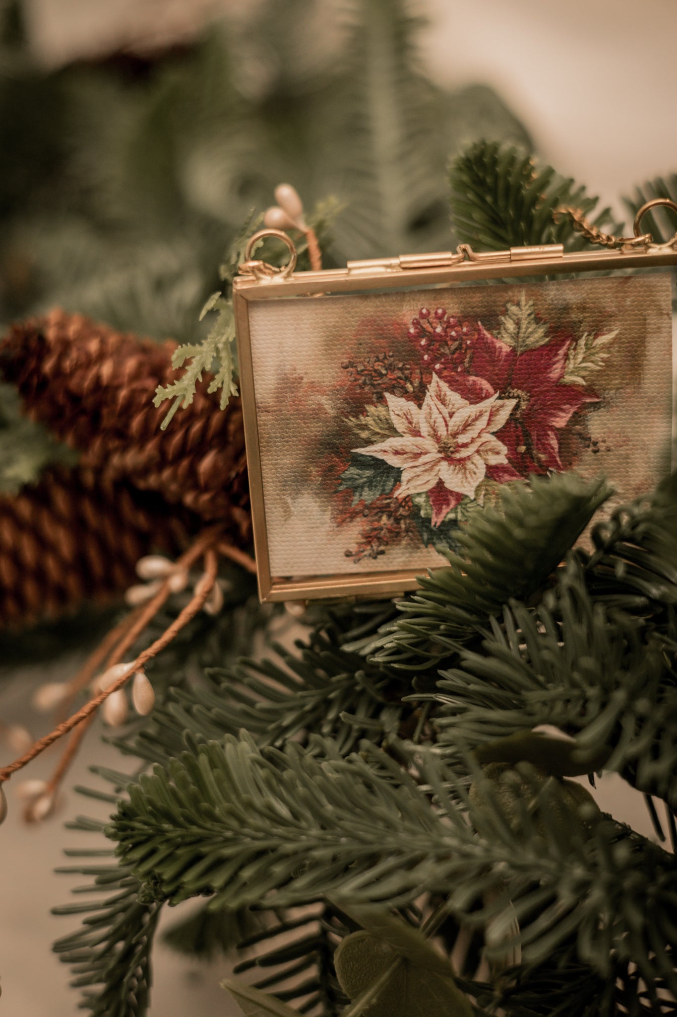 "Poinsettia 2" Gold Frame Ornament 