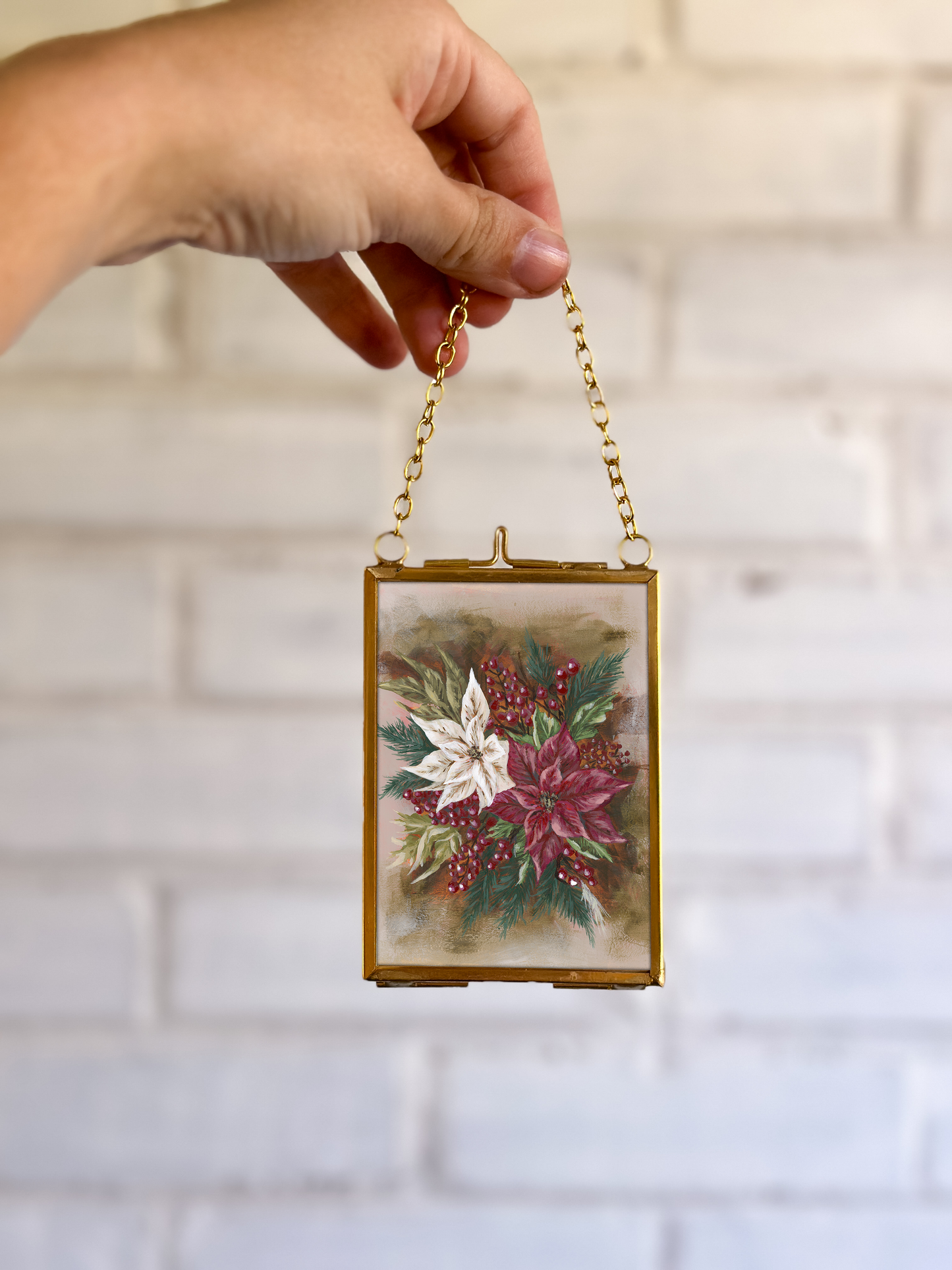 "Poinsettia 1" Gold Frame Ornament 