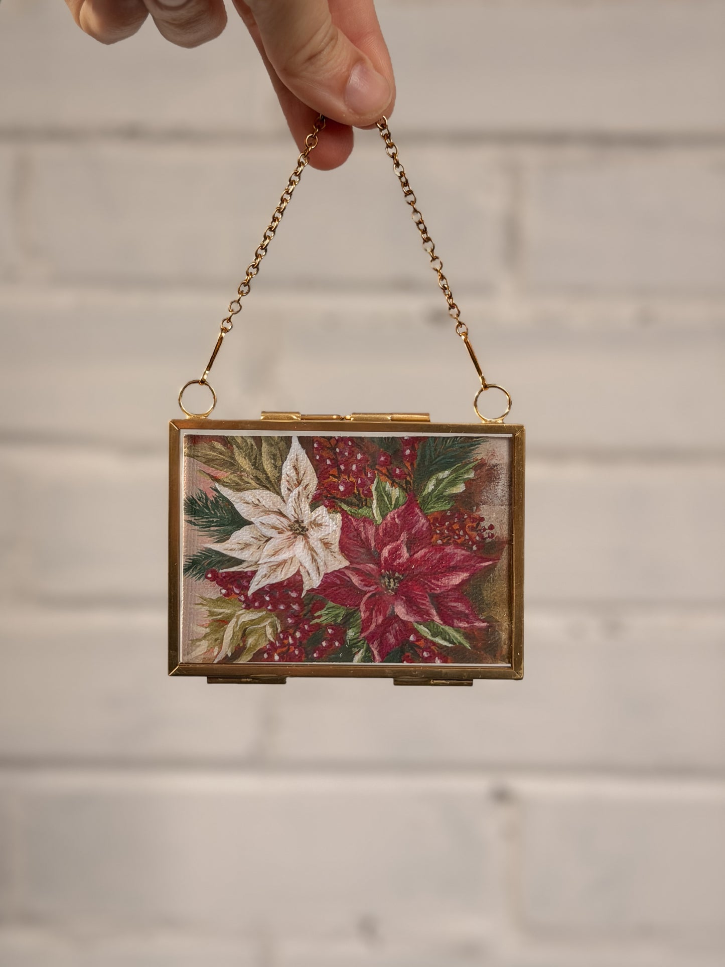 "Poinsettia 1" Gold Frame Ornament 